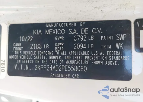 2023 Kia Forte Lxs из США, поврежденный, VIN 3KPF24AD2PE558060